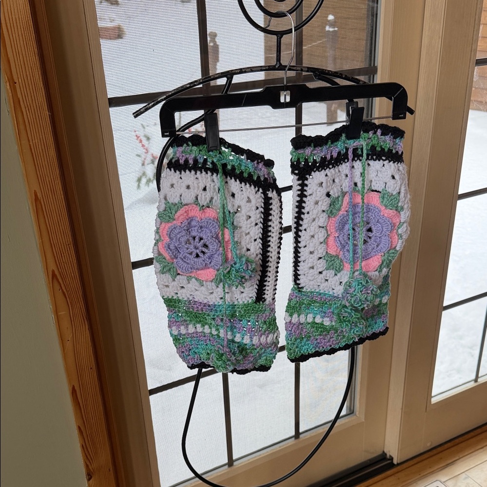Upcycled Unique Colorful Crochet Granny Square Leg Purple Pink Warmers w Pompoms
